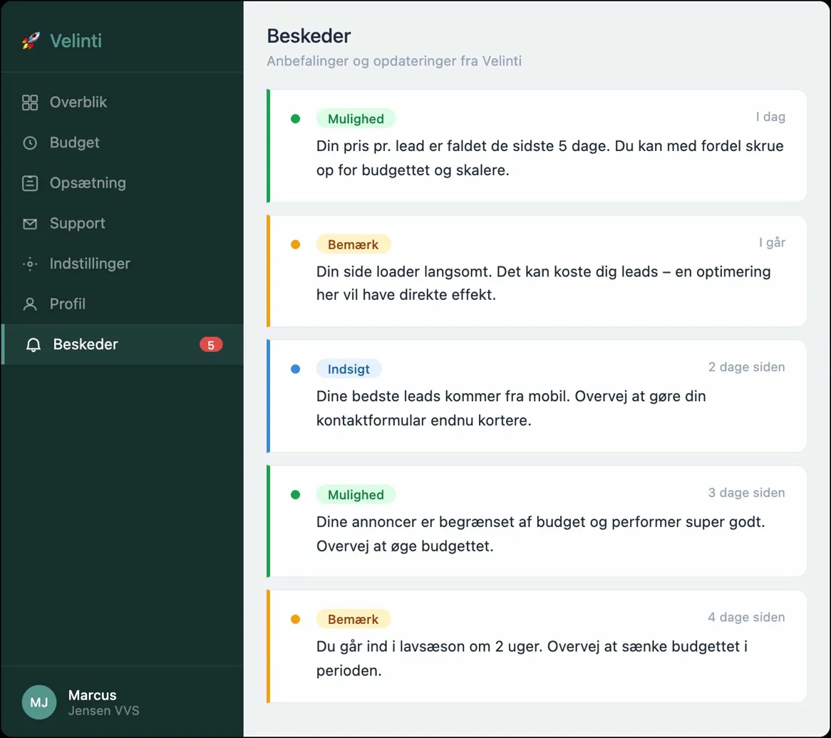 Beskeder fra VELINTI i dashboardet