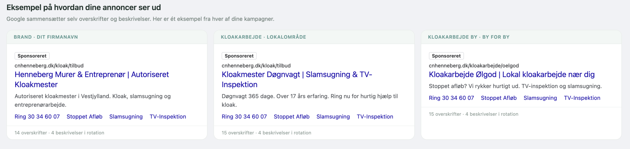 Annonce-preview i dashboardet med eksempler fra hver kampagne